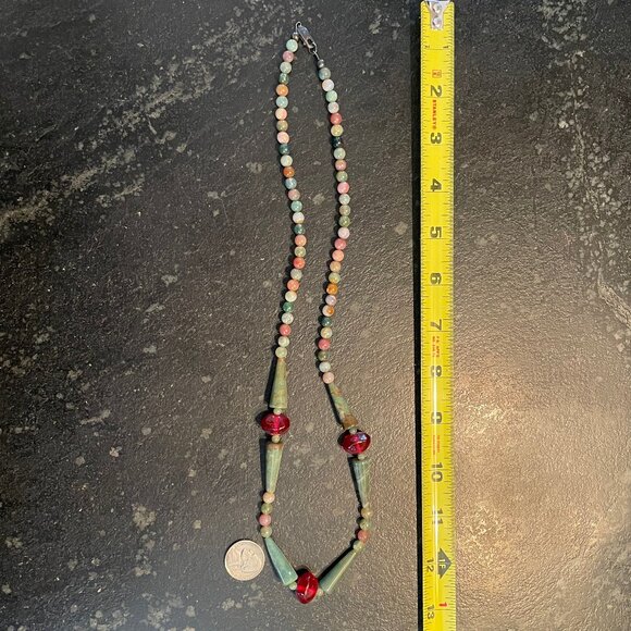Natural Stone and Red Glass Bead Necklace - Picture 6 of 8